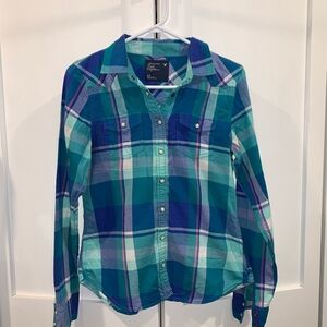 American Eagle Outfitters Teal and Navy Plaid Shirt